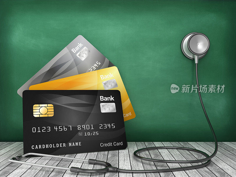 信用卡与听诊器在黑板上- 3D渲染